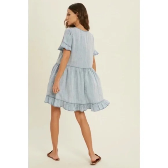 Denim Tencel Square Neck Short Sleeve Ruffle Trim Babydoll Casual Mini Dress - Picture 11 of 11